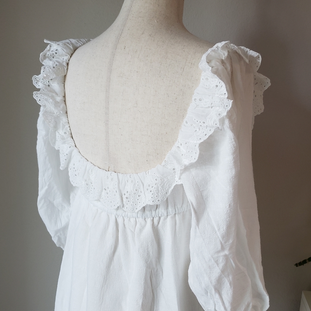 White Empire Waist Babydoll Dress with Eyelet Lace Ruffle Trims - Picture 8 of 12